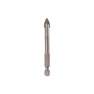 Image of a Multi-Function Extended Hex Shank Glass Drill Bit with a silver body, featuring a diamond-coated triangular tip and an extended hexagonal shank, designed for precision drilling in glass and similar materials.