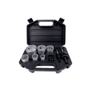 Black plastic case containing bi metal hole saw set with various cutter sizes and drill attachments