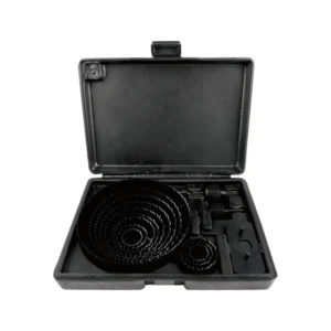 Black case containing multiple sized carbon steel hole saw blades with mandrels and accessories