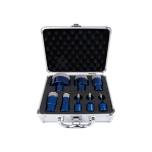 Silver metal case with foam interior holding a set of blue diamond hole saw bits of various sizes