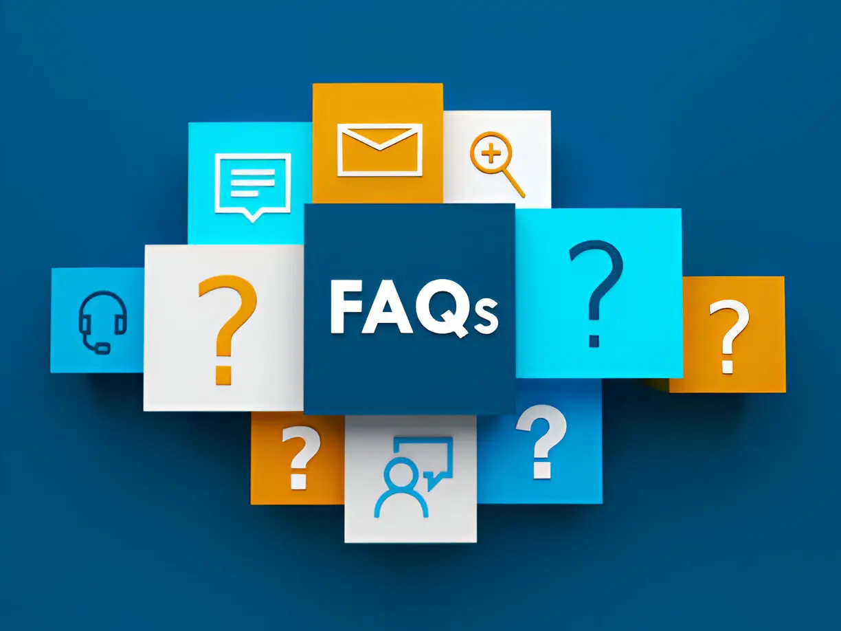 Colorful 3D blocks with question marks, icons, and the word “FAQs” in the center on a blue background