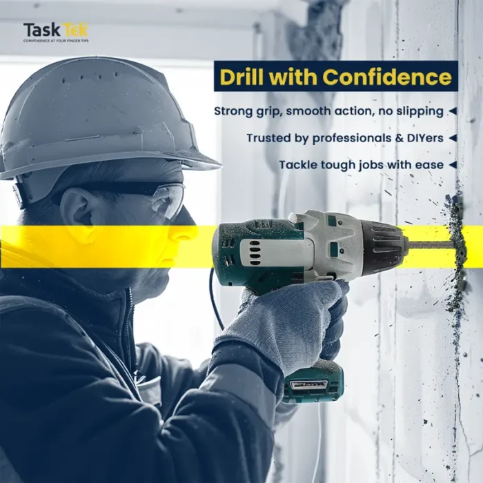 sds plus hammer drill in action drilling concrete brick surface professional operator