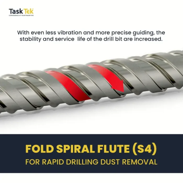 sds plus drill bit spiral flute closeup less vibration improved stability faster dust removal