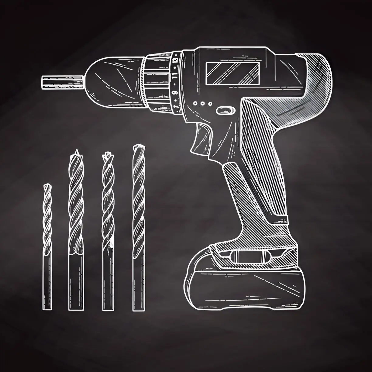 Chalk-style sketch of a cordless drill with five interchangeable drill bits on a blackboard background