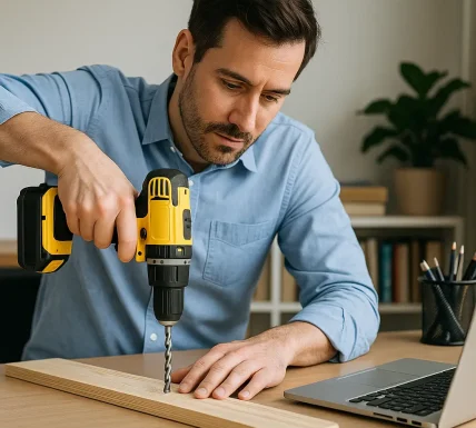 Man using a yellow cordless drill to drill into a wooden plank at a desk beside a laptop