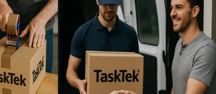 TaskTek-branded cardboard box being packed, delivered by courier, and received by a smiling customer